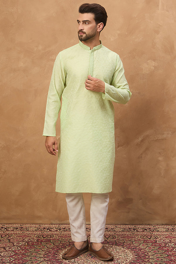 Green Silk Blend Solid Embroidered Straight Kurta MKU1451