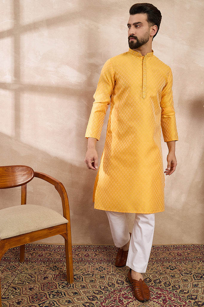 Yellow Silk Blend Solid Embroidered Straight Kurta With Trouser MKSET1837