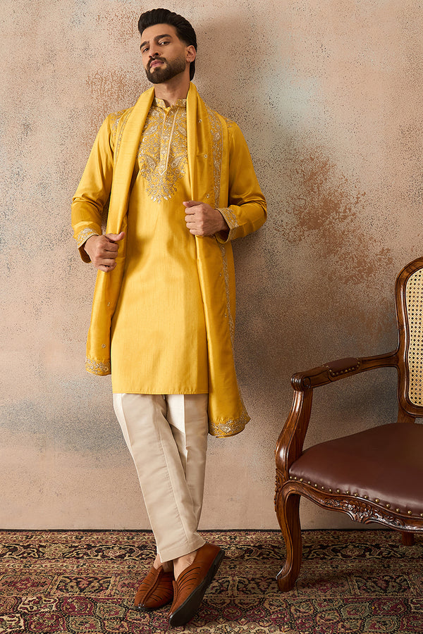 Yellow Silk Blend Embroidered Ethnic Kurta with Trousers & Dupatta MKPD1023
