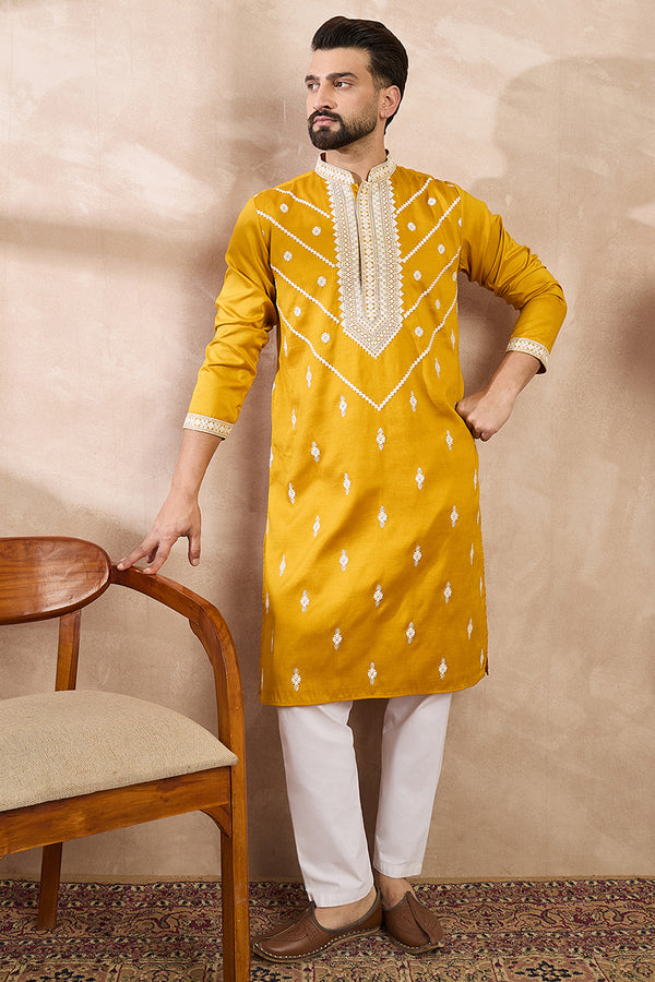Yellow Silk Blend Ethnic Motifs Embroidered Straight Kurta With Trouser MKSET1790