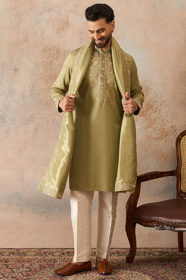 Green Zari Embroidered Silk Blend Kurta with Trousers & Dupatta MKPD1046