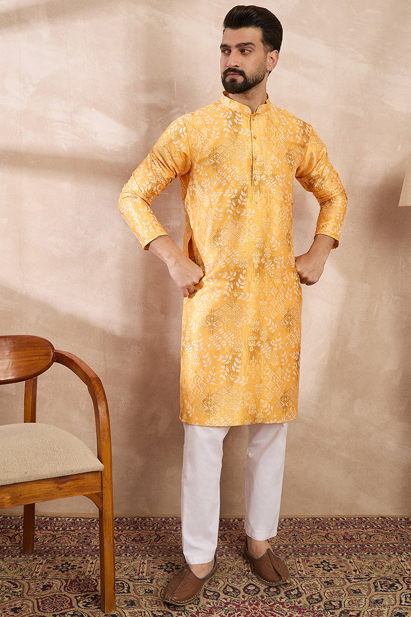 Yellow Silk Blend Ethnic Motifs Printed Straight Kurta With Trouser MKSET2012