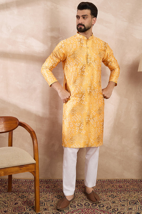 Yellow Silk Blend Ethnic Motifs Printed Straight Kurta With Trouser MKSET2012