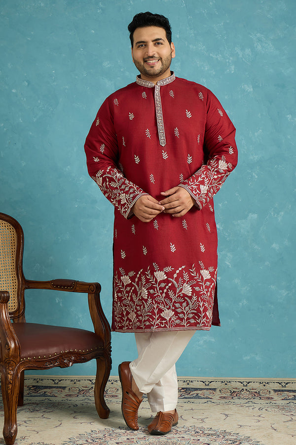 Maroon Silk Blend Solid Thread Work Embroidered Kurta MKU1945