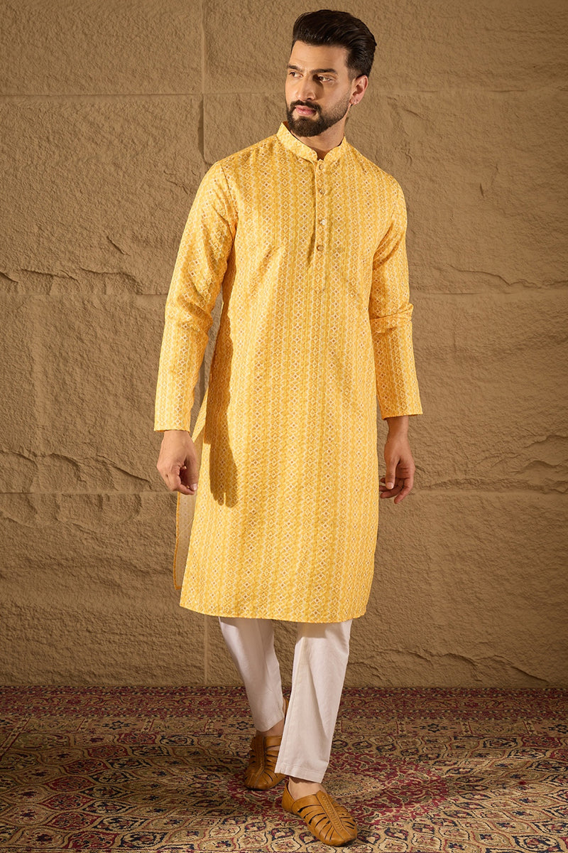 Yellow Silk Blend Geometric Embroidered Straight Kurta with Trouser MKSET1313