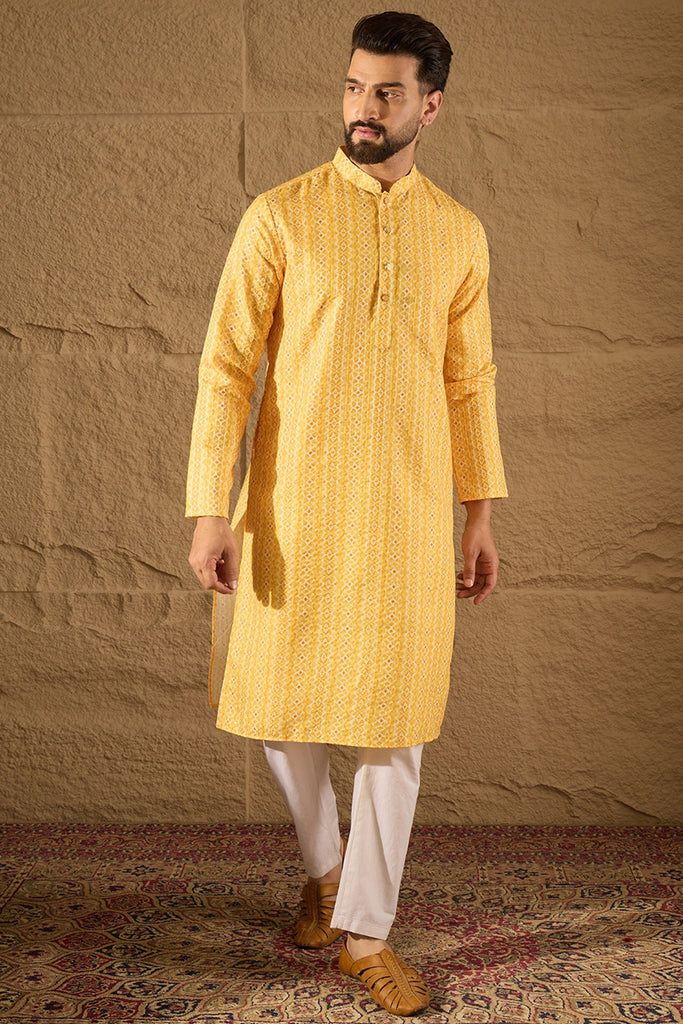 Yellow Silk Blend Geometric Embroidered Straight Kurta with Trouser MKSET1313