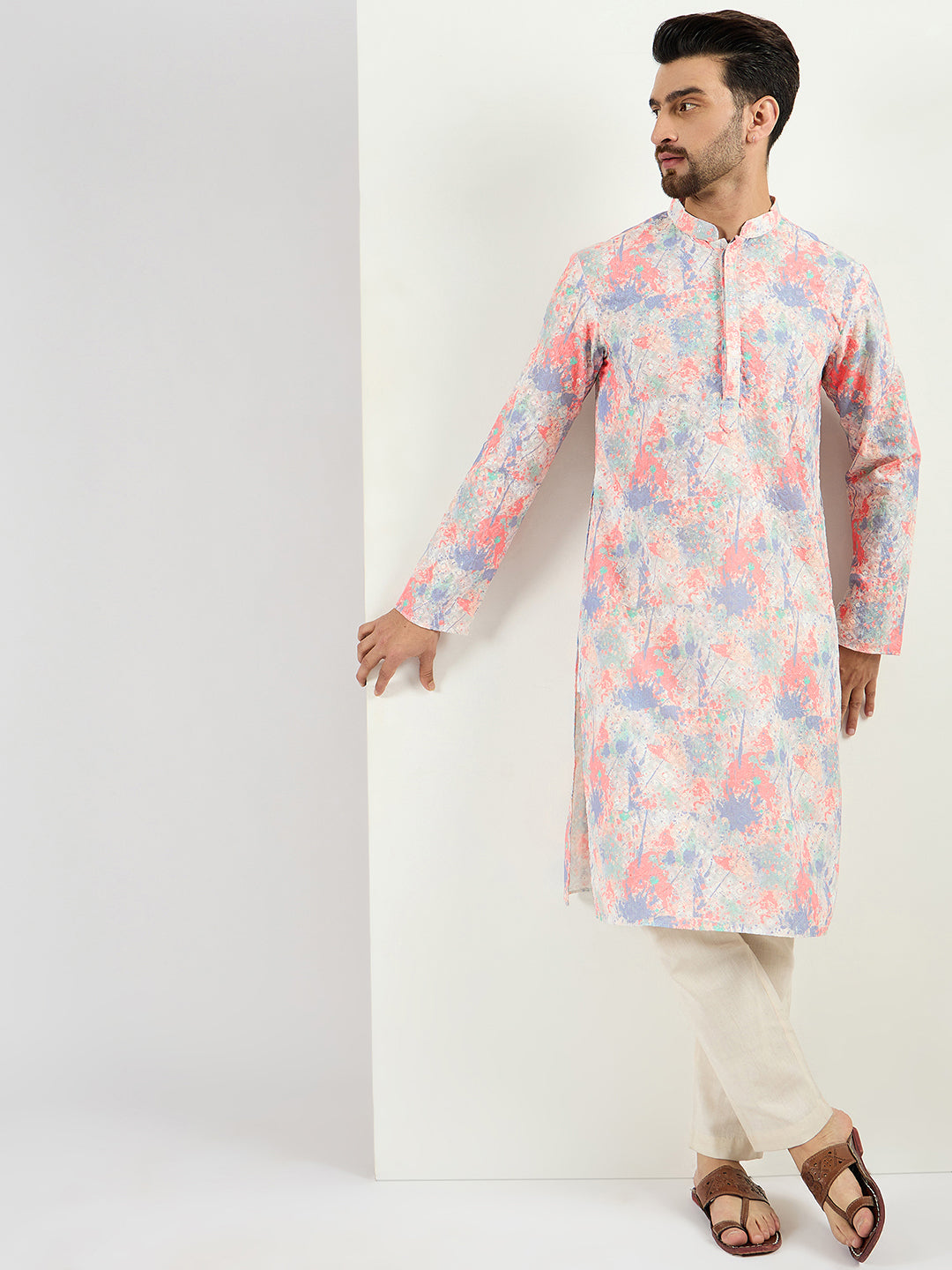 Off White Viscose Rayon Abstract Embroidered Straight Kurta With Pant Set MKSET1082