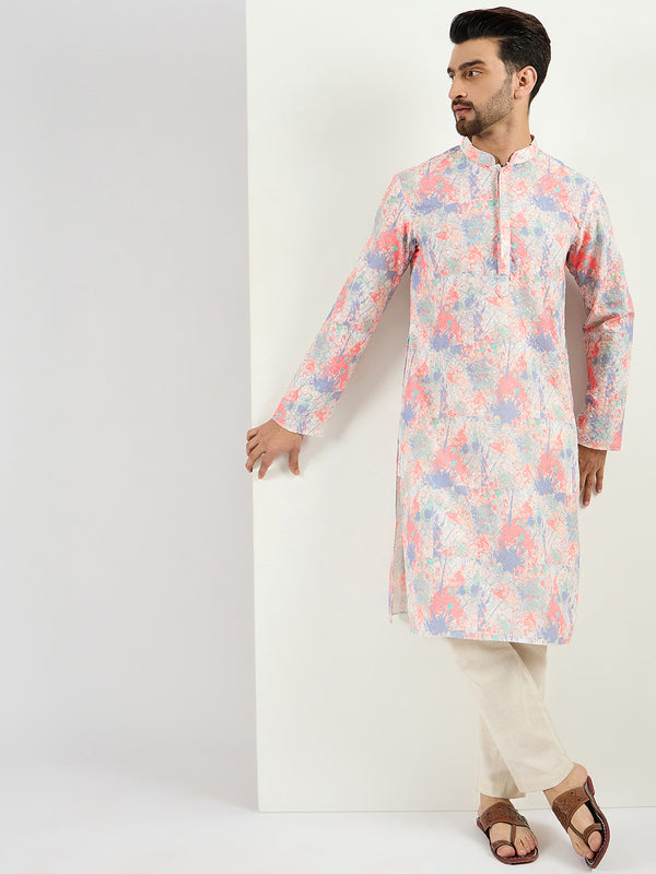 Off White Viscose Rayon Abstract Embroidered Straight Kurta With Pant Set MKSET1082