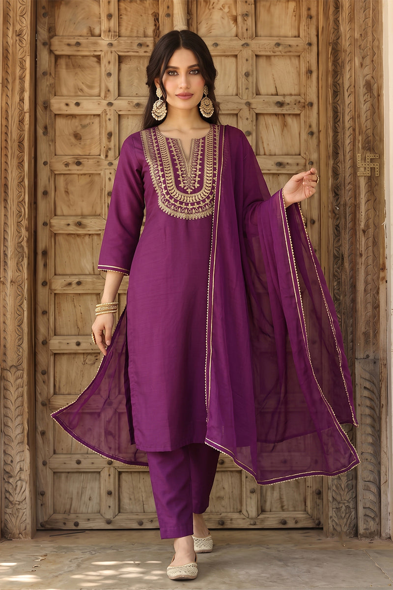 Silk Blend Purple Embroidered Straight Kurta Pant With Dupatta PKSKD1807