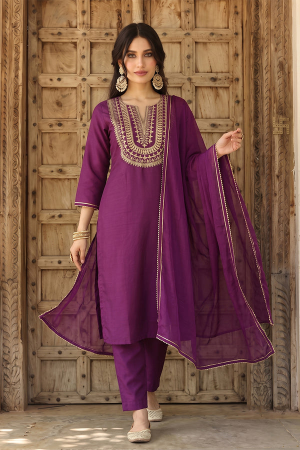 Silk Blend Purple Embroidered Straight Kurta Pant With Dupatta PKSKD1807