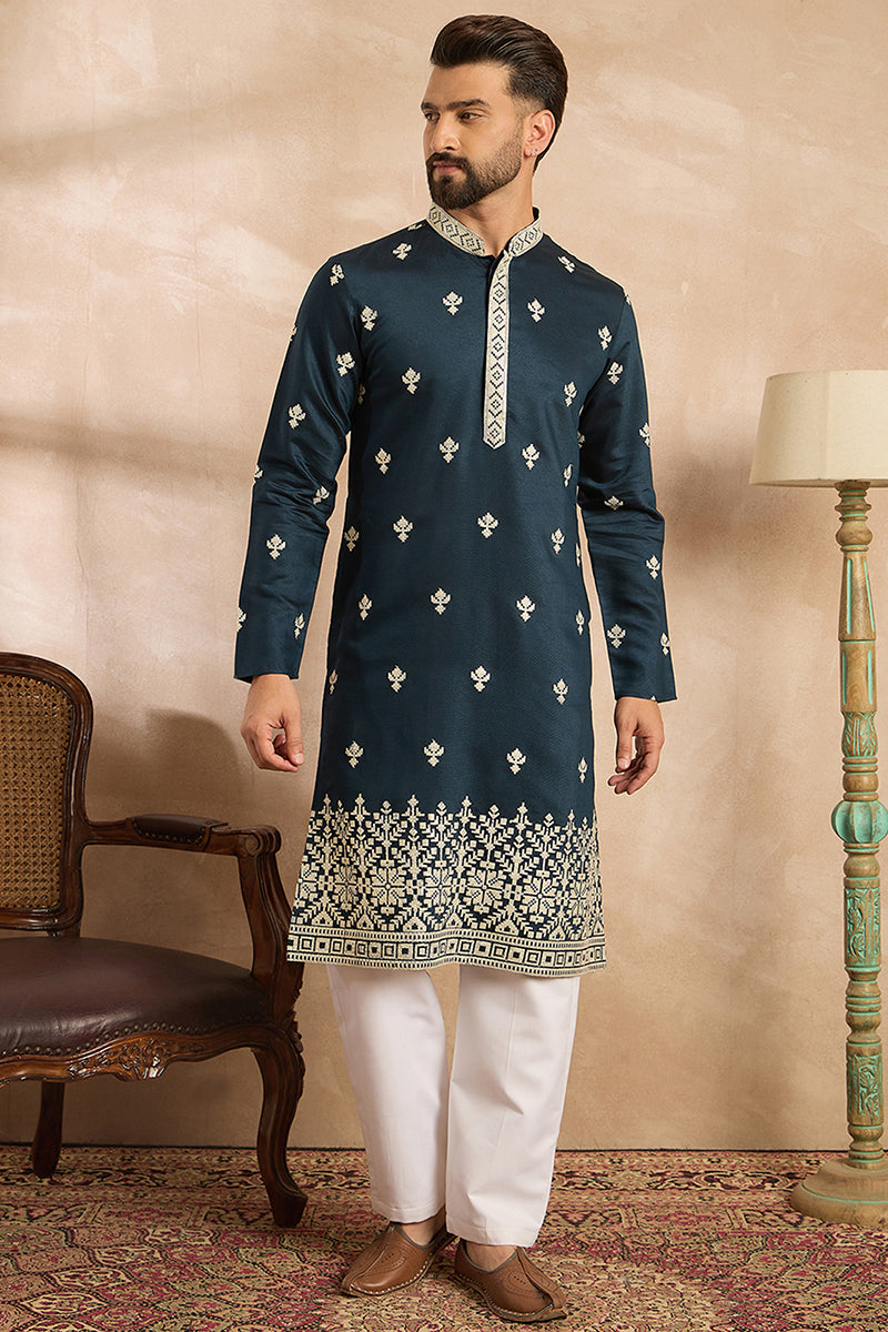 Navy Blue Polyester Solid Embroidered Straight Kurta With Trouser MKSET1810
