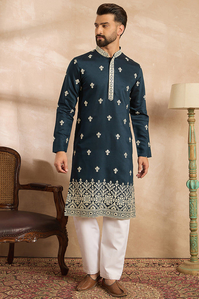 Navy Blue Polyester Solid Embroidered Straight Kurta With Trouser MKSET1810