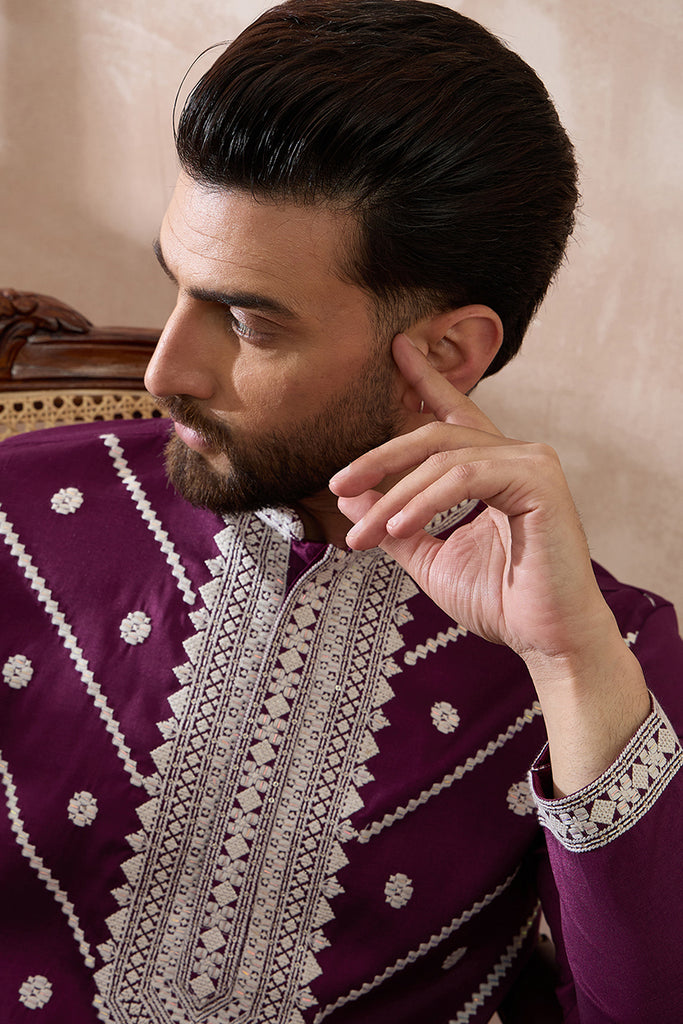 Purple Silk Blend Embroidered Mandarin Collar Straight Kurta With Trouser MKSET1789