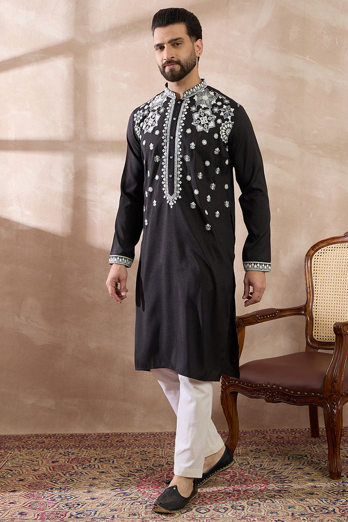 Black Silk Blend Embroidered Mandarin Collar Straight Kurta With Trouser MKSET1884