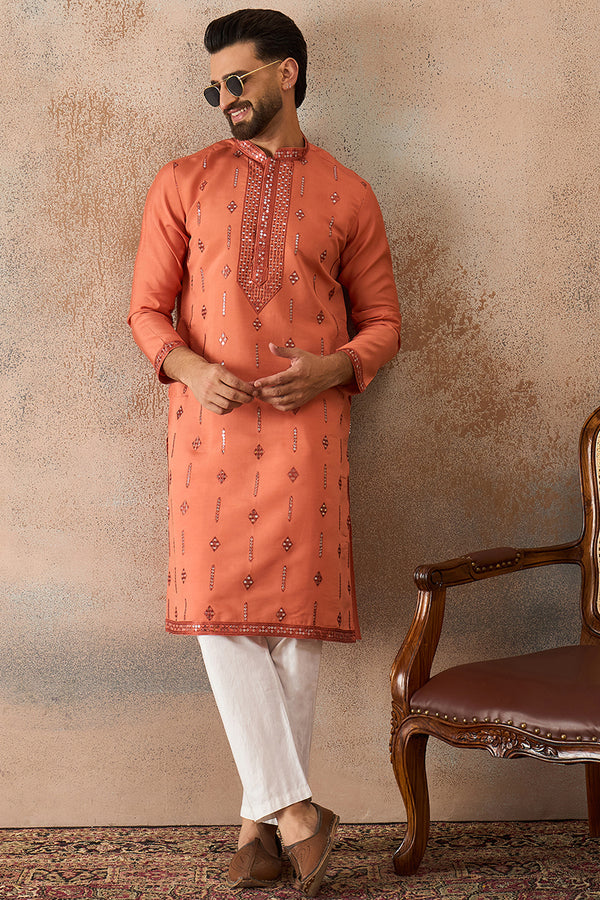 Orange Silk Blend Solid Embroidered Kurta With Trouser MKSET2258