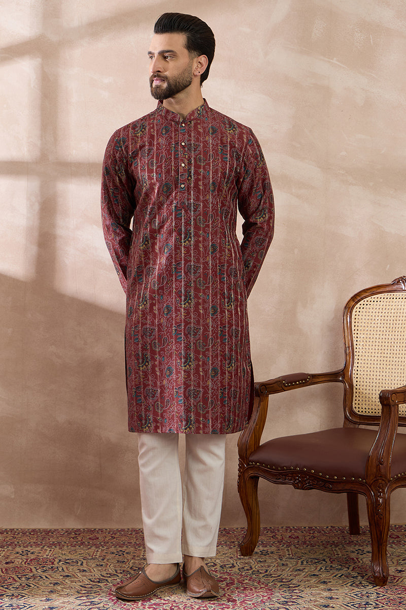 Maroon Silk Blend Printed Mandarin Collar Straight Kurta With Trouser MKSET2025