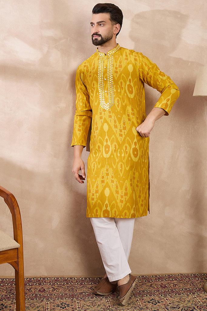 Yellow Viscose Rayon Chevron Printed Straight Kurta MKU1966