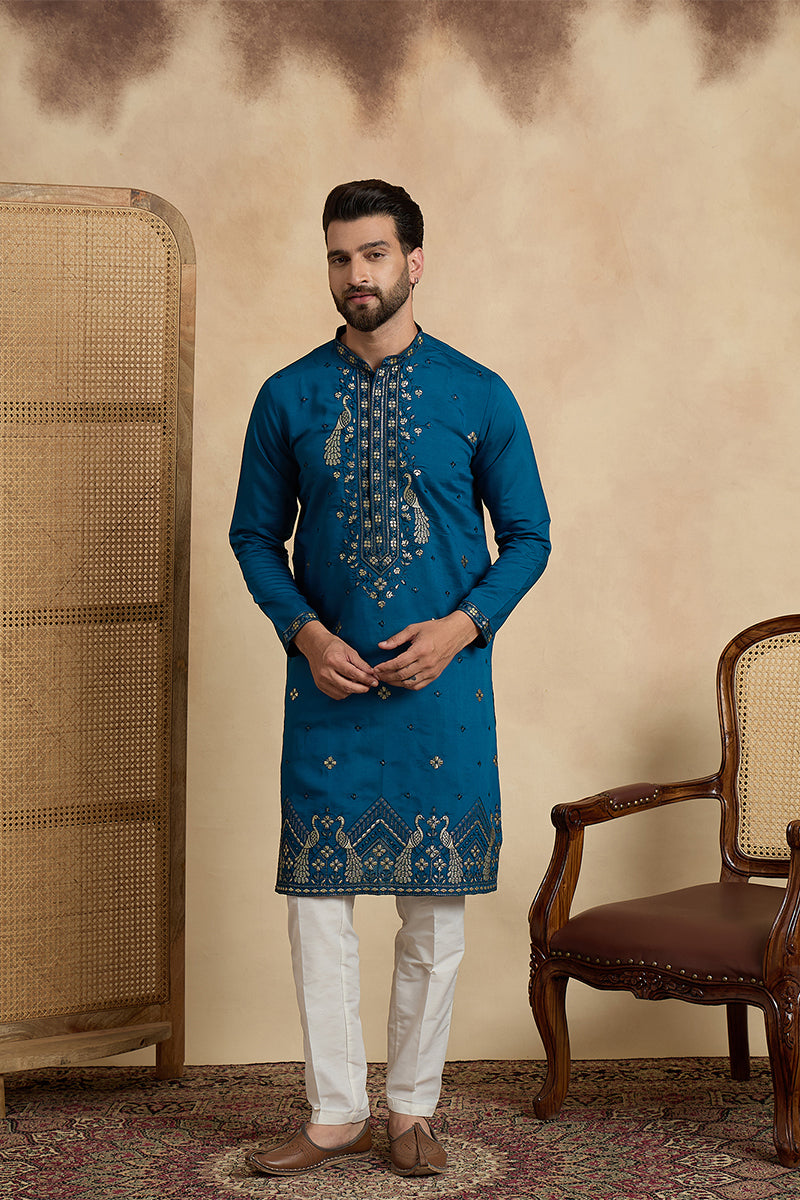 Teal Silk Blend Solid Embroidered Thread Work Kurta MKU2443