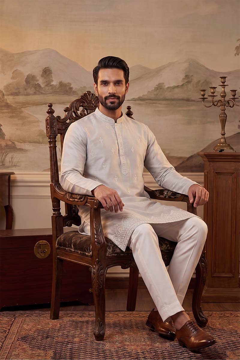 Silk Blend Silver Solid Embroidered Calf Length Straight Kurta MKU2273