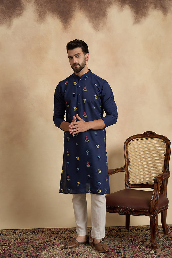 Navy Blue Silk Blend Solid Embroidered Thread Work Kurta MKU2468