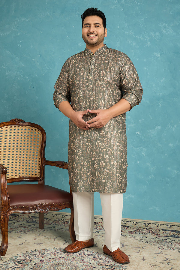 Olive Silk Blend Floral Printed Kurta MKU1911