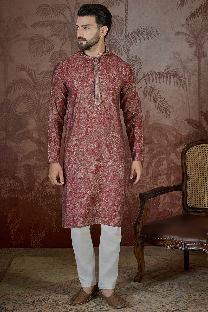 Maroon Silk Blend Floral Printed Kurta MKU2577