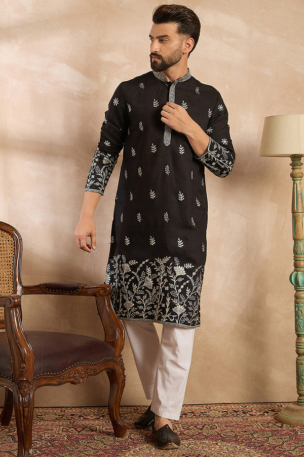 Black Silk Blend Solid Embroidered Straight Kurta With Trouser MKSET1782