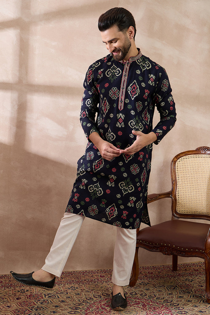Blue Silk Blend Printed Mandarin Collar Straight Kurta With Trouser MKSET1987