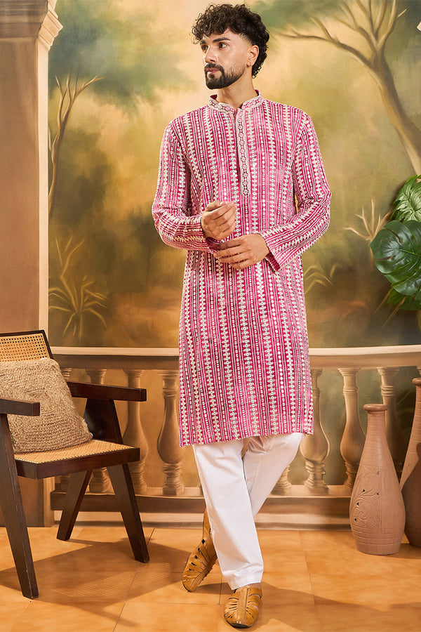 Red Viscose Rayon Embroidered Kurta With Trousers MKSET1413