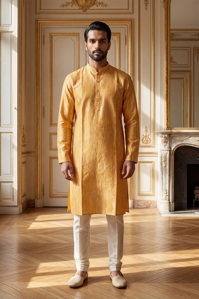 Yellow Silk Blend Printed Straight Kurta With Trousers MKSET2170