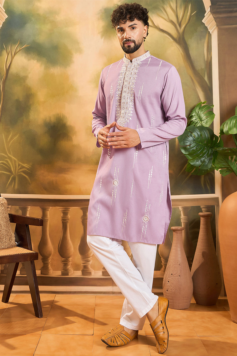 Lavender Silk Blend Solid Embroidered Straight Kurta with Trouser MKSET1489
