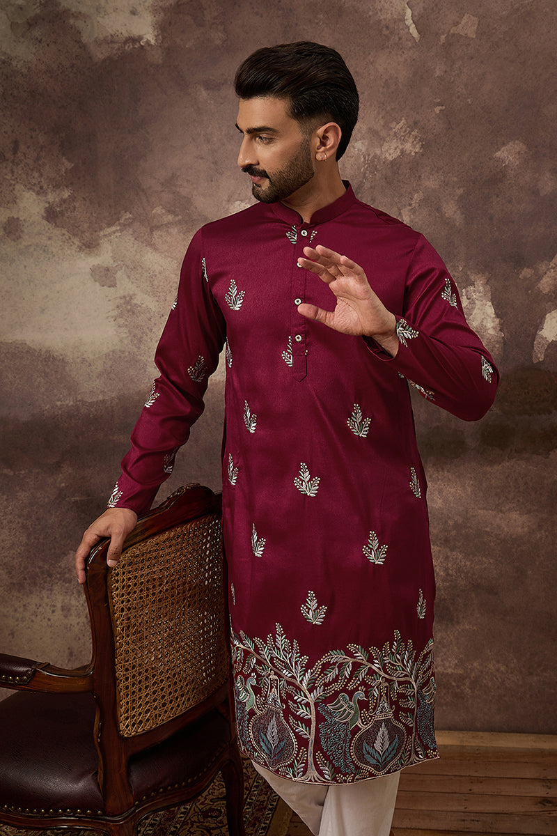 Maroon Silk Blend Solid Embroidered Straight Kurta with Trouser MKSET1346