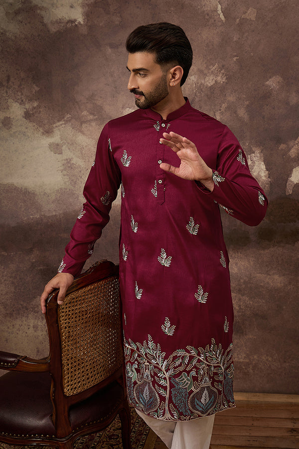 Maroon Silk Blend Solid Embroidered Straight Kurta with Trouser MKSET1346