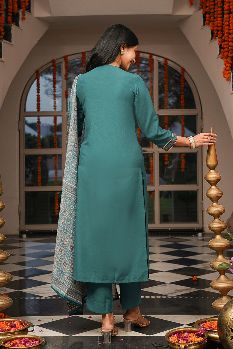 Teal Cotton Blend Ajrakh Printed Straight Kurta Trousers With Dupatta PKSKD3082