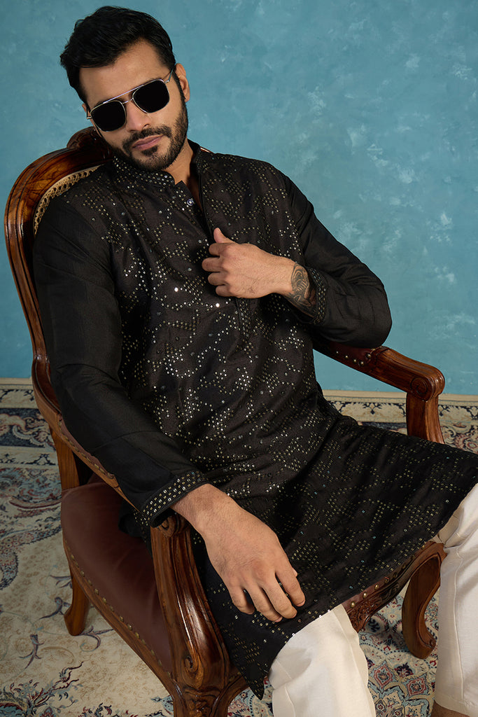 Silk Blend Black Solid Embroidered Calf Length Straight Kurta MKU2128