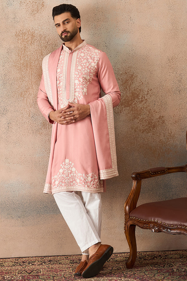 Peach Silk Blend Solid Embroidered Kurta With Dupatta MKUD1041