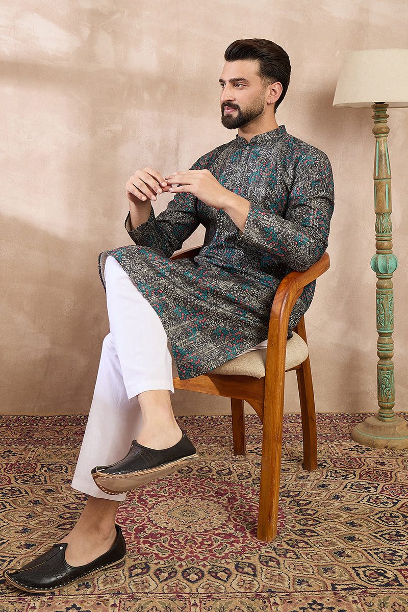 Black Silk Blend Floral Printed Straight Kurta MKU2015