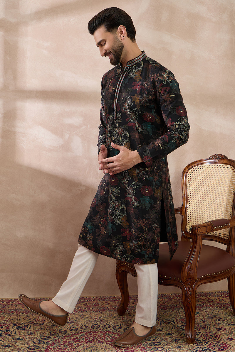 Black Silk Blend Printed Mandarin Collar Straight Kurta With Trouser MKSET1956