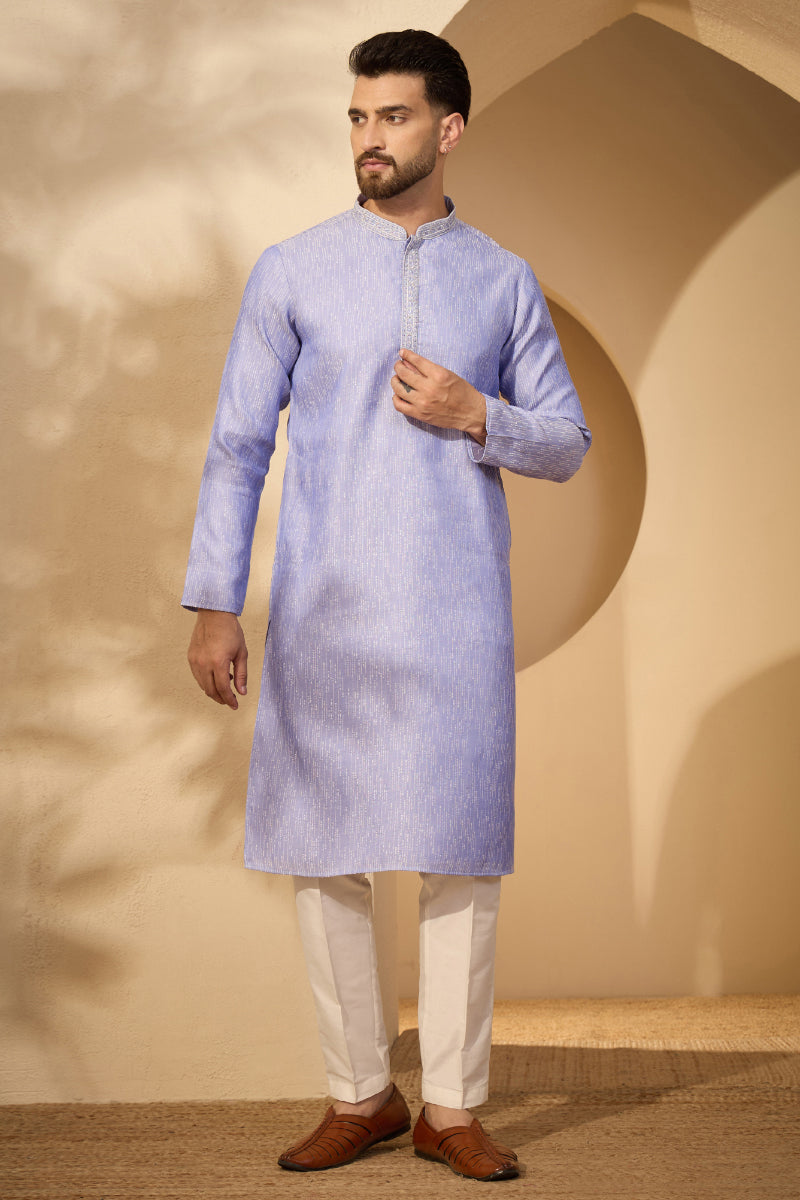 Blue Jacquard Woven Design Mandarin Collar Kurta With Trouser MKSET2777