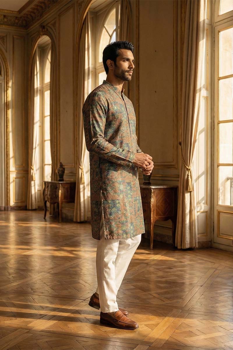Blue Silk Blend Printed Straight Kurta MKU1934