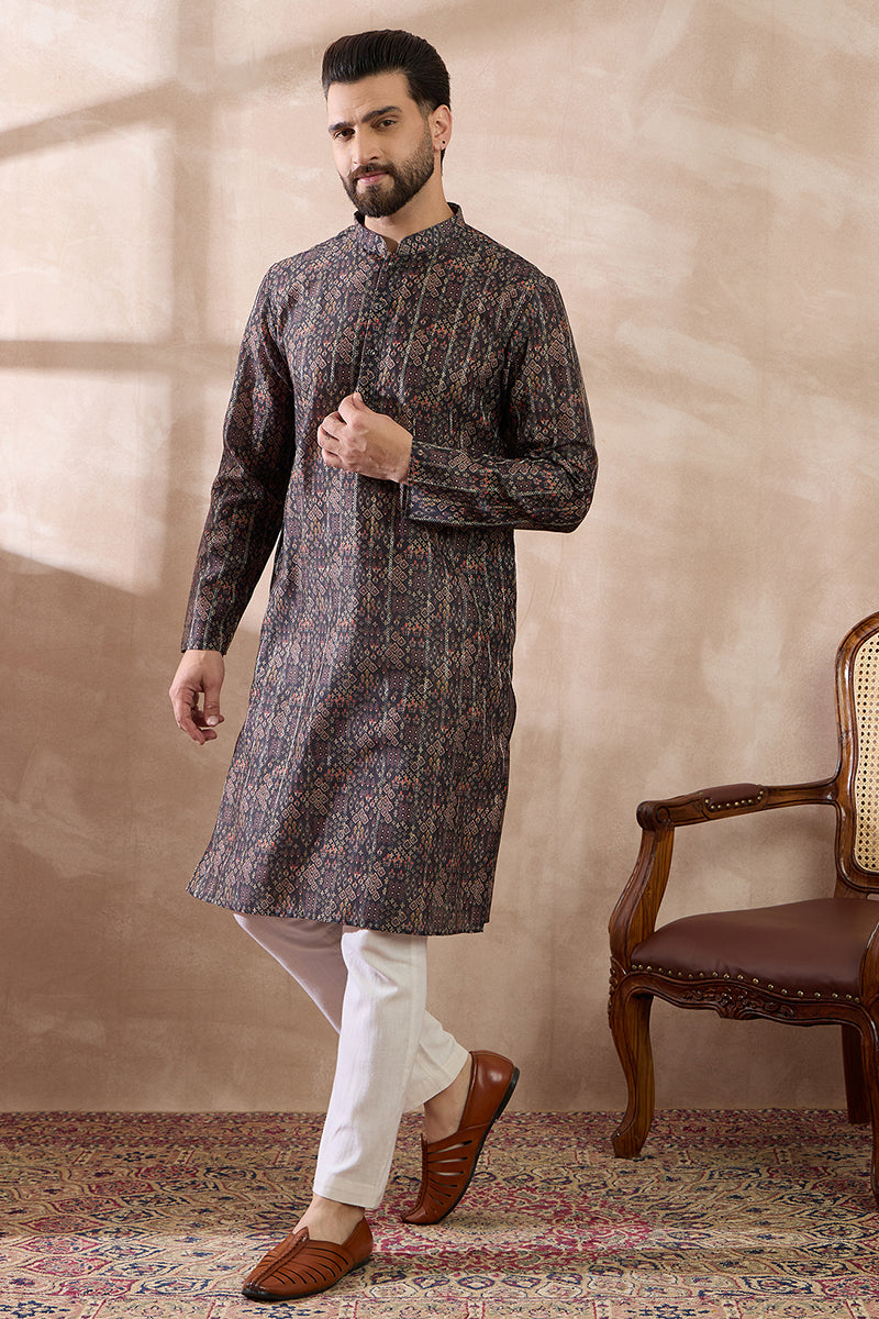 Black Silk Blend Printed Mandarin Collar Straight Kurta MKU2116