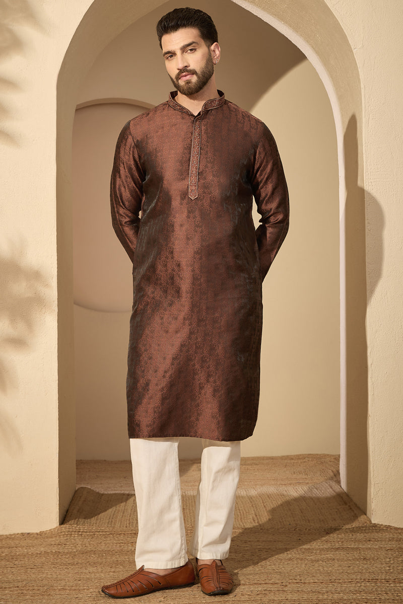 Brown Jacquard Solid Embroidered Mandarin Collar Kurta MKU2752