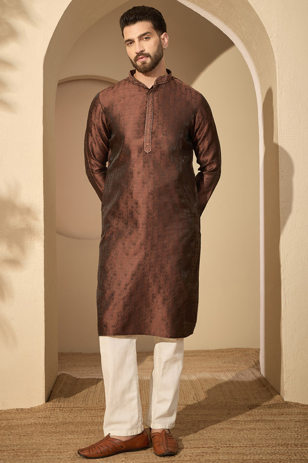 Brown Jacquard Solid Embroidered Mandarin Collar Kurta MKU2752