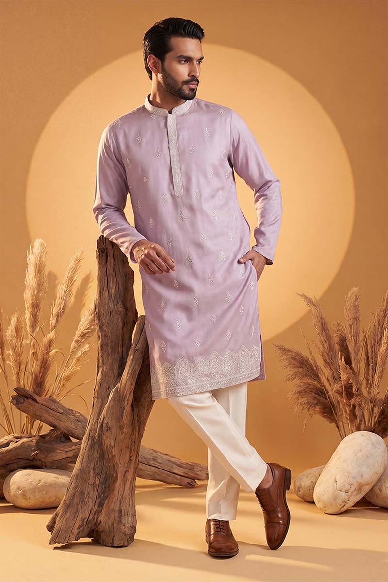 Lavender Silk Blend Solid Embroidered Kurta MKU2269