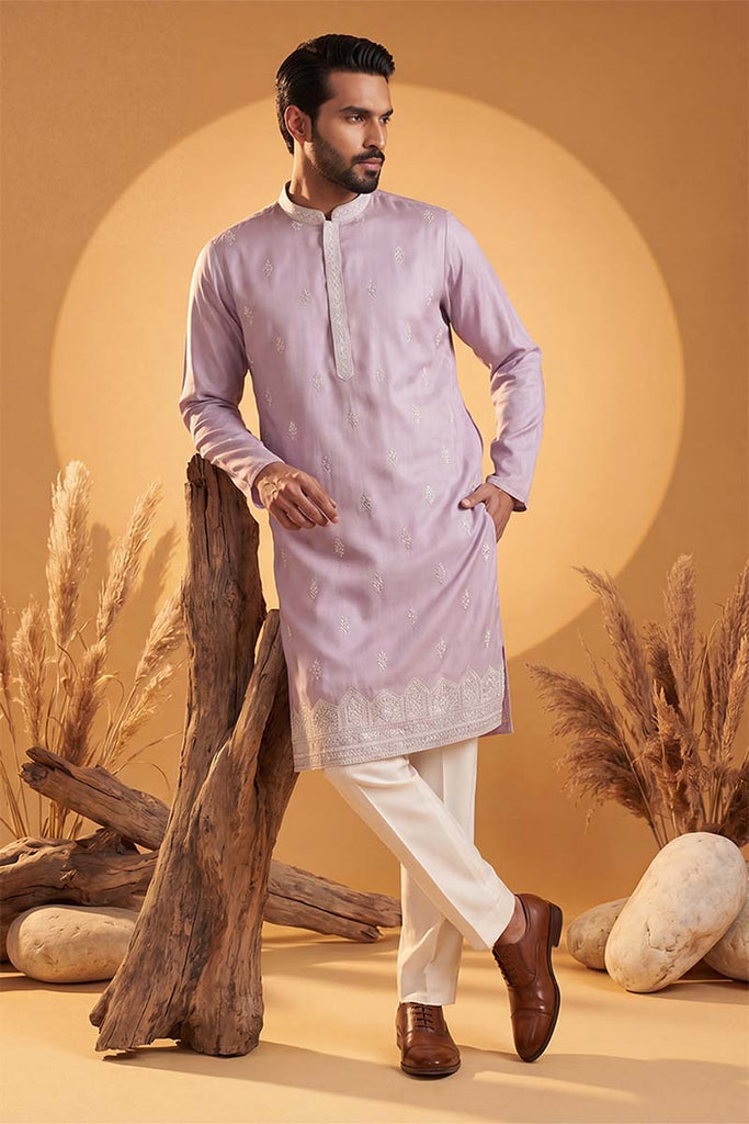 Lavender Silk Blend Solid Embroidered Kurta MKU2269