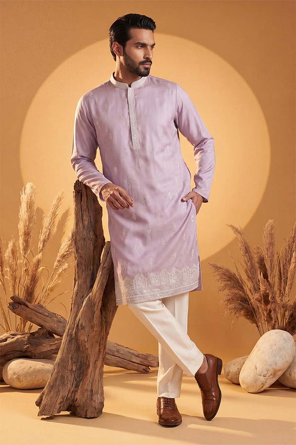 Lavender Silk Blend Solid Embroidered Kurta MKU2269