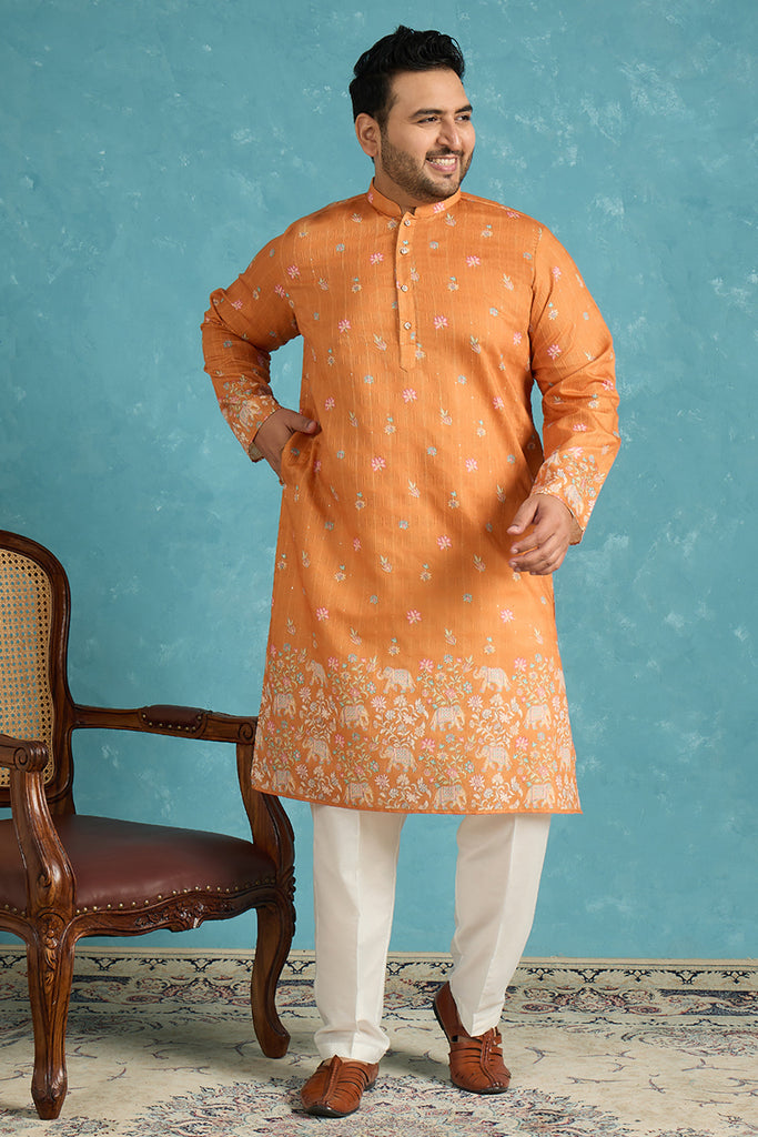 Orange Silk Blend Floral Sequins Printed Kurta MKU2349