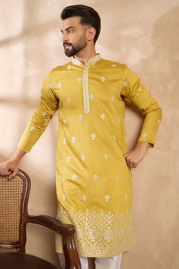 Yellow Polyester Solid Embroidered Straight Kurta With Trouser MKSET1809