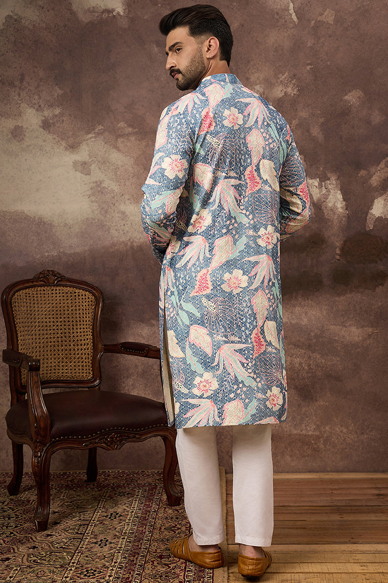 Blue Viscose Rayon Floral Embroidered Straight Kurta with Trouser MKSET1429