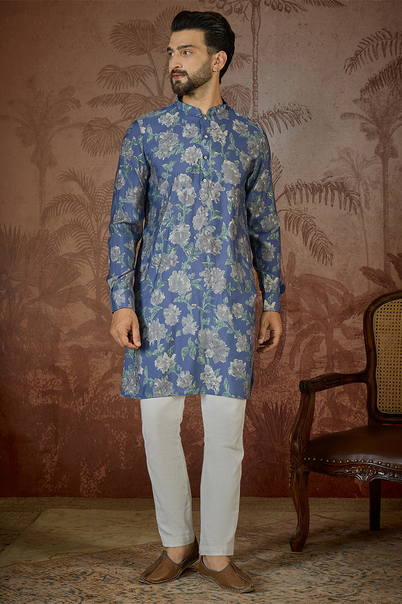 Blue Silk Blend Floral Printed Kurta With Trouser MKSET2567